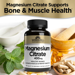 Windmill Magnesium Citrate vegan non-GMO gluten-free label; supports lifestyle-conscious choices.