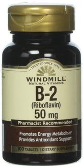 Windmill VIT B-2 tablets bottle front view, 100-count packaging, energy support option