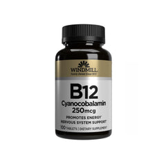 Windmill Vitamin B-12 250 mcg tablets bottle for daily energy support.