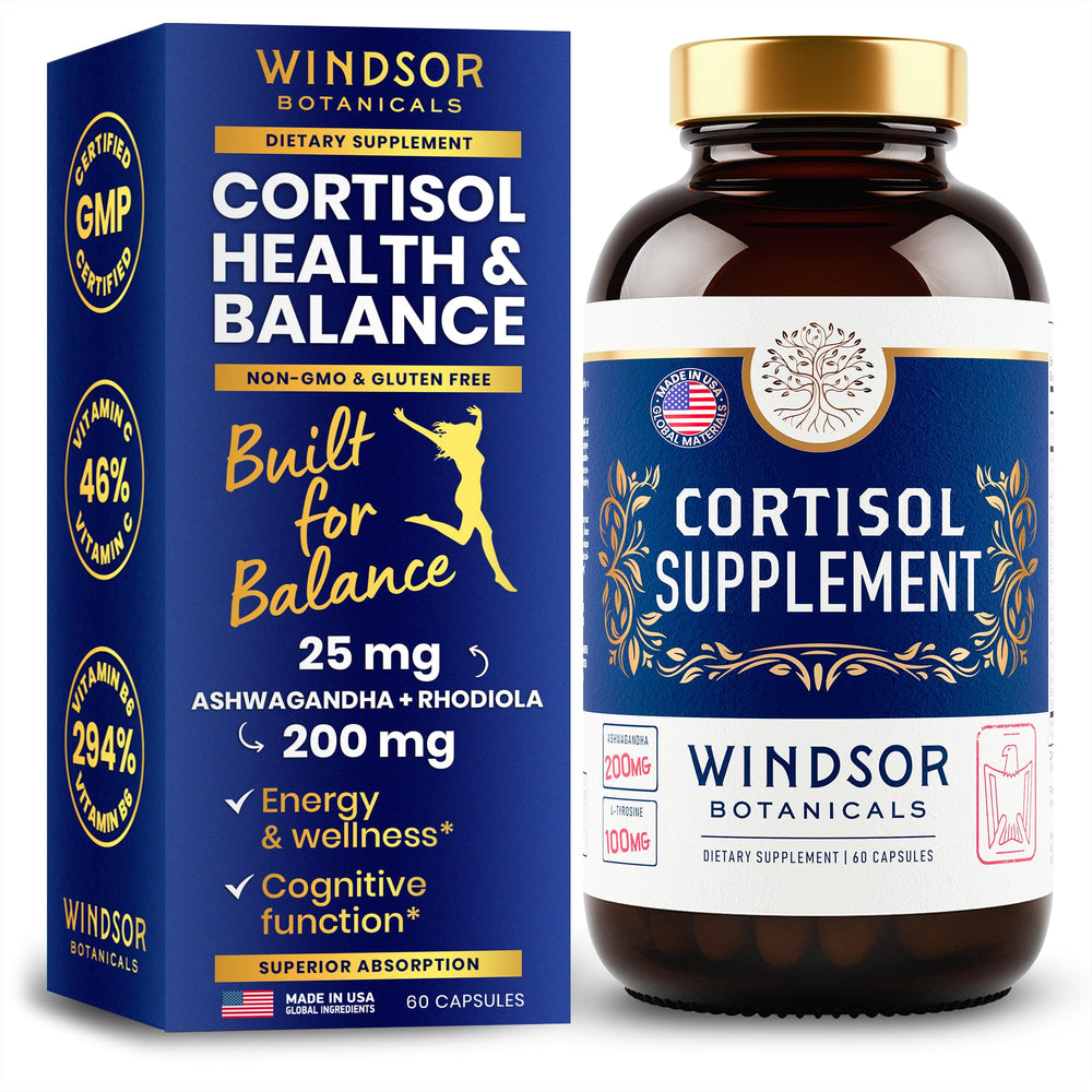 Windsor Botanicals cortisol capsules ready for daily calm routine.