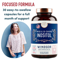 WINDSOR BOTANICALS D-Chiro Inositol 40:1 capsules close-up highlights easy daily use for menstrual balance