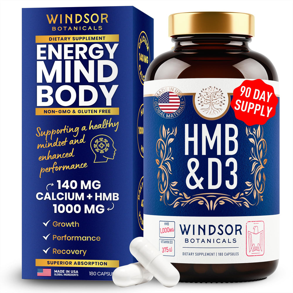 WINDSOR BOTANICALS HMB D3 bottle with 180 capsules for daily lean muscle support