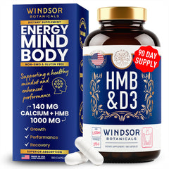 WINDSOR BOTANICALS HMB D3 bottle with 180 capsules for daily lean muscle support