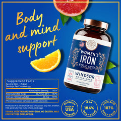 Windsor Botanicals-label-front clearly shows 35mg iron and 400mcg folic acid details.