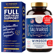 Windsor Botanicals Lactobacillus Salivarius capsules support oral probiotic health.