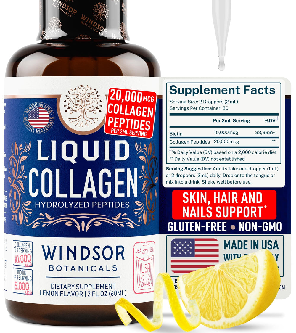 WINDSOR BOTANICALS liquid collagen bottle with dropper for smoother skin and radiant tone.