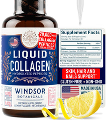 WINDSOR BOTANICALS liquid collagen bottle with dropper for smoother skin and radiant tone.