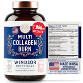 Windsor Botanicals Thermogenic Multi Collagen Burn bottle closeup showing premium collagen blend and packaging details