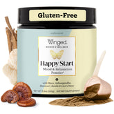Winged Wellness Happy Start chocolate powder tub ready for a balanced morning mood boost.