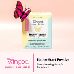 Measuring scoop beside Winged Wellness Happy Start powder for easy daily use.
