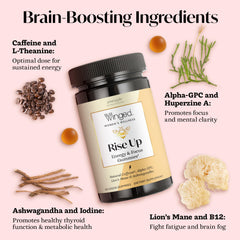 Winged Wellness Rise Up ingredients label highlighting caffeine and nootropics