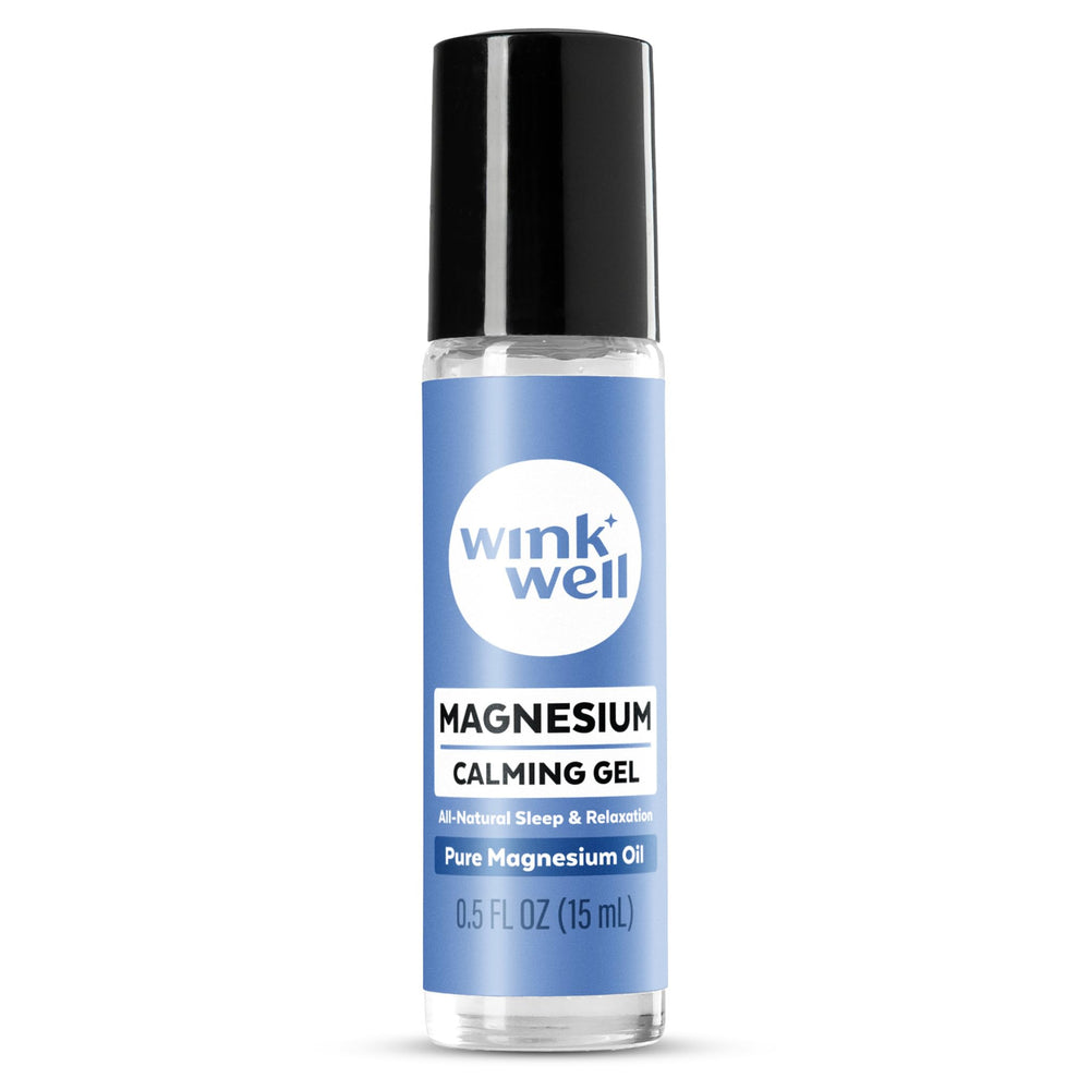 Wink Well magnesium gel roller on feet for calming relaxation before bed.