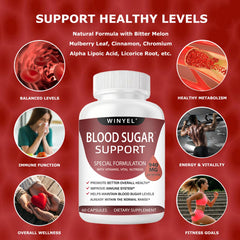 Winyel Blood Sugar Complex bottle back reveals nutrition details and quality notes.