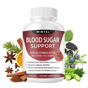 Winyel Blood Sugar Complex bottle front showcases key ingredients for daily balance.