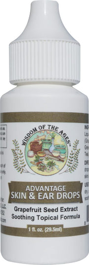 Wisdom of the Ages Advantage Skin & Ear Drops bottle front for topical relief.