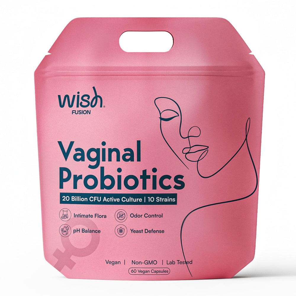 Wish Fusion Probiotics for Women bottle promotes balanced vaginal health and daily comfort.