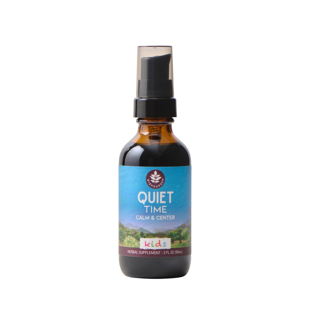 WishGarden Quiet Time for Kids drops bottle shows natural calming blend for restless evenings.
