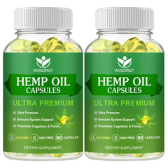 WOGORGT hemp oil capsules bottle front showing premium omega nutrients for daily wellness.