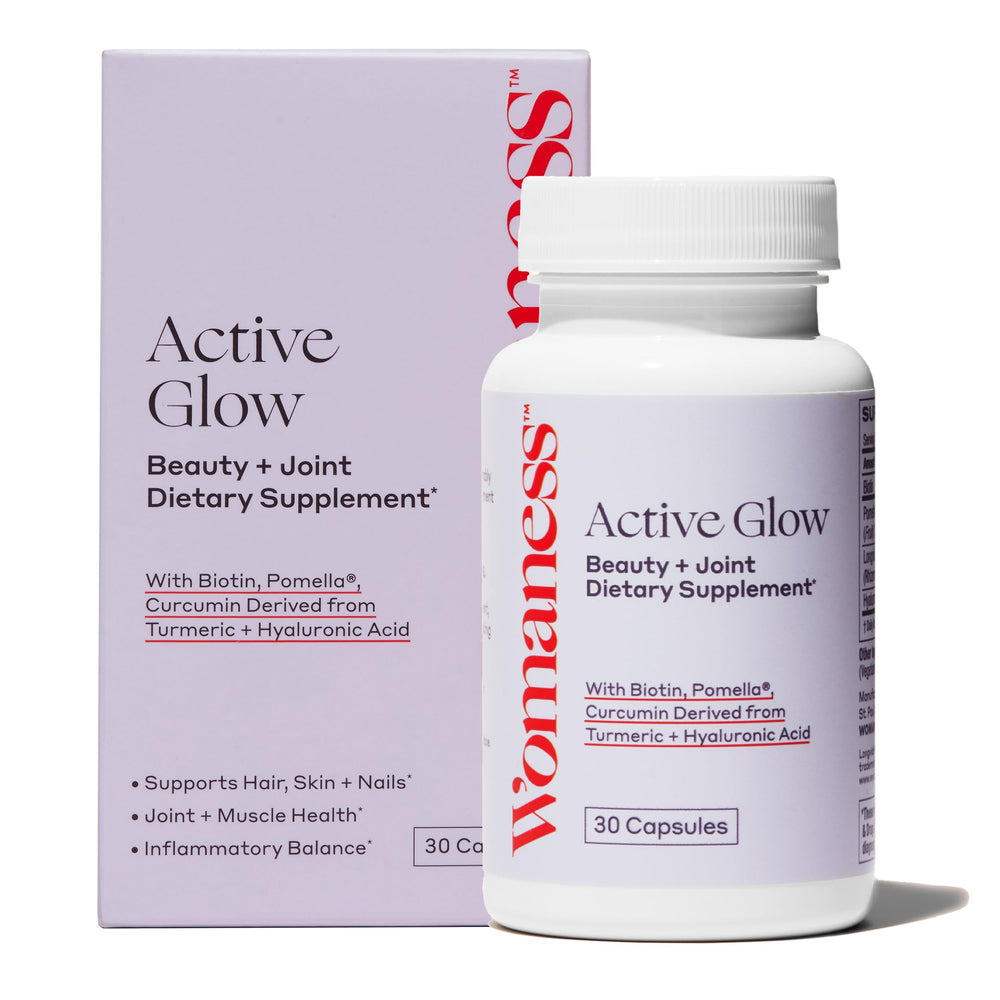 Womaness Active Glow bottle front for daily hair, skin, and nails vitamins