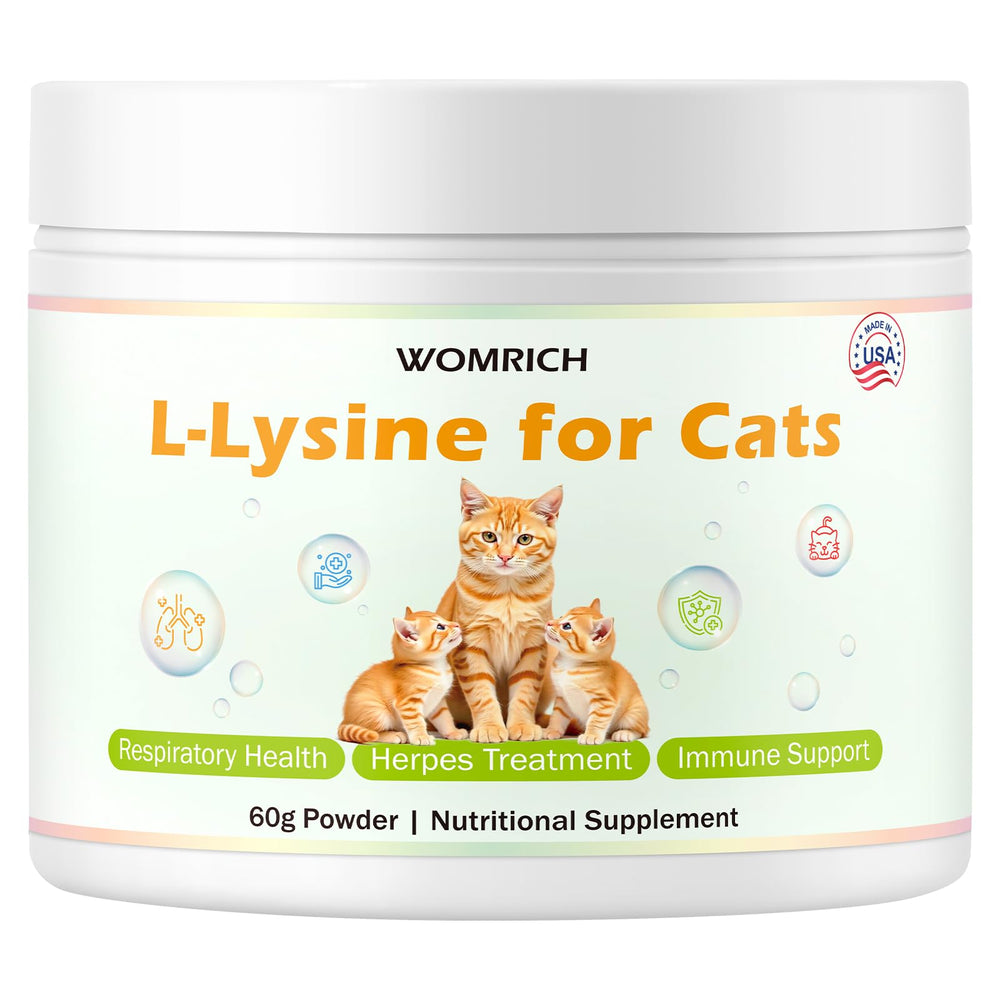 WOMRICH L-Lysine powder cat bottle closeup; supports immune health potential.