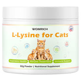 WOMRICH L-Lysine powder cat bottle closeup; supports immune health potential.