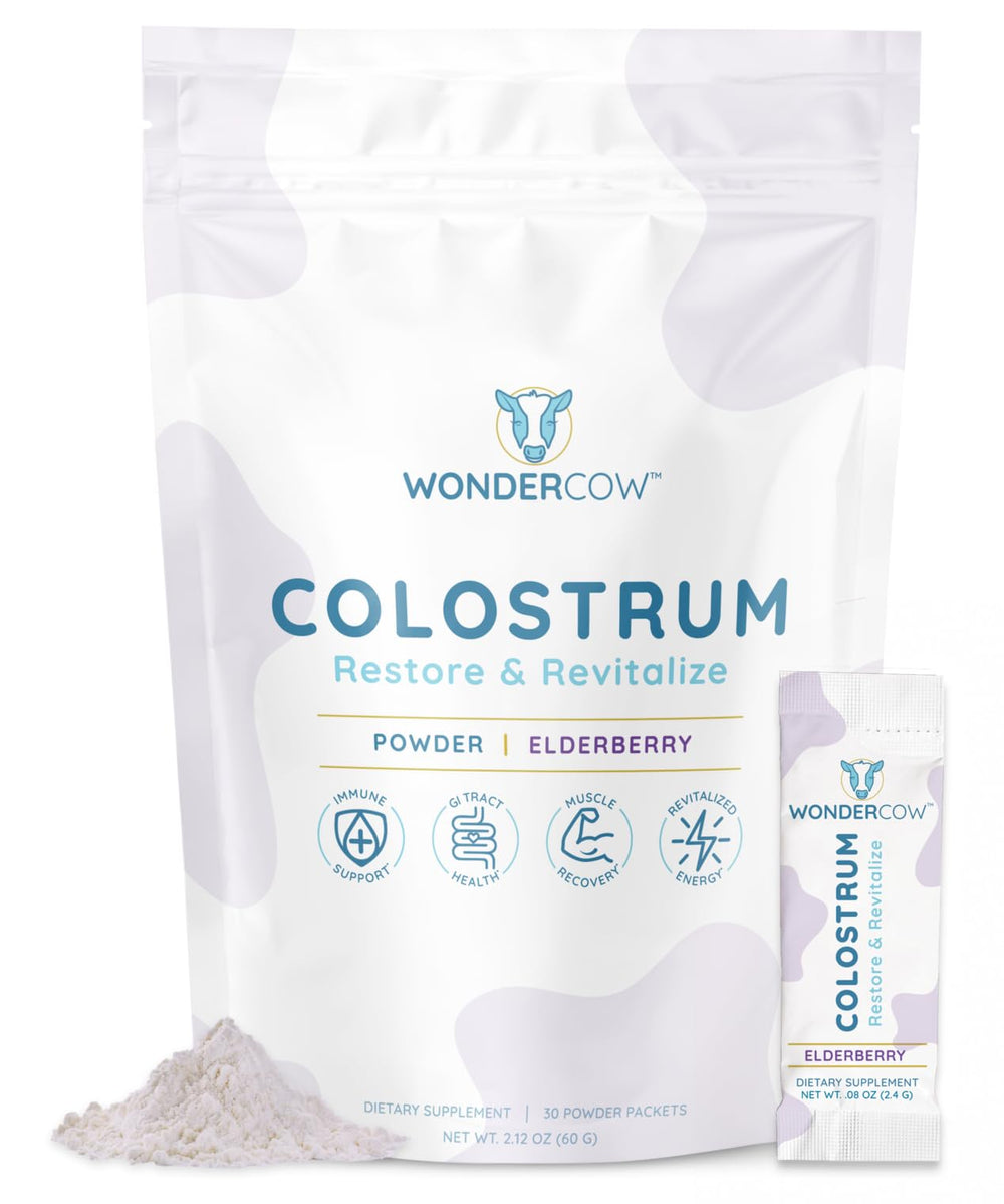 WonderCOW colostrum powder bottle on kitchen counter for daily immune support