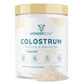 WonderCow Colostrum Powder tub closeup highlighting pure whole colostrum for daily wellness