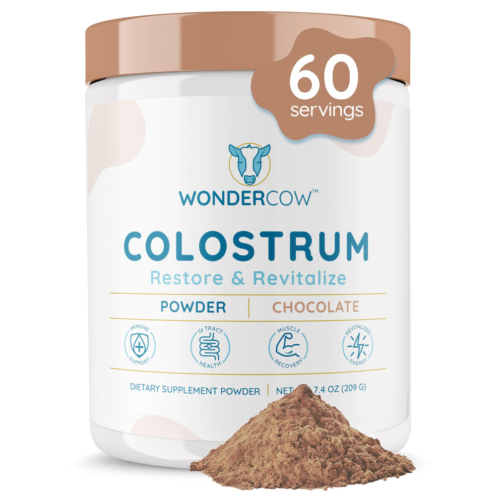WonderCow Colostrum powder tub closeup highlighting pure ingredients.