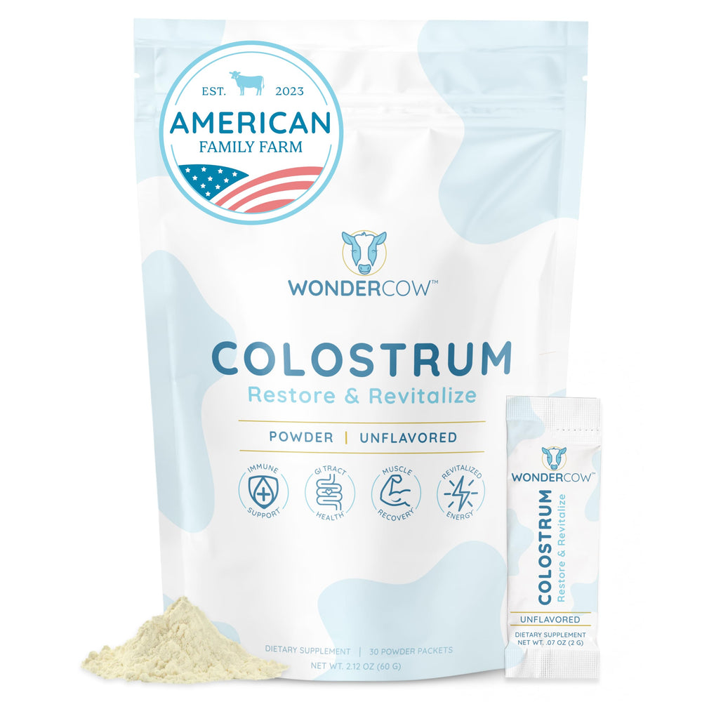 WonderCow Colostrum powder tub showing pure whole colostrum for gut health support.