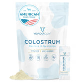 WonderCow Colostrum powder tub showing pure whole colostrum for gut health support.