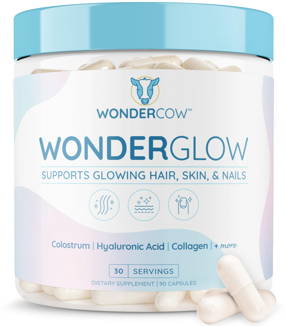 WonderCow bottle with capsules signaling daily beauty support for hair, skin, and nails.