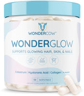 WonderCow bottle with capsules signaling daily beauty support for hair, skin, and nails.