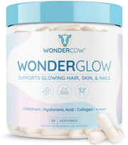 WonderCow bottle with capsules signaling daily beauty support for hair, skin, and nails.