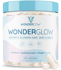 WonderCow bottle with capsules signaling daily beauty support for hair, skin, and nails.