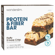WonderSlim High Fiber Bars fluffy S'more Crisp pack boosts protein and fiber.