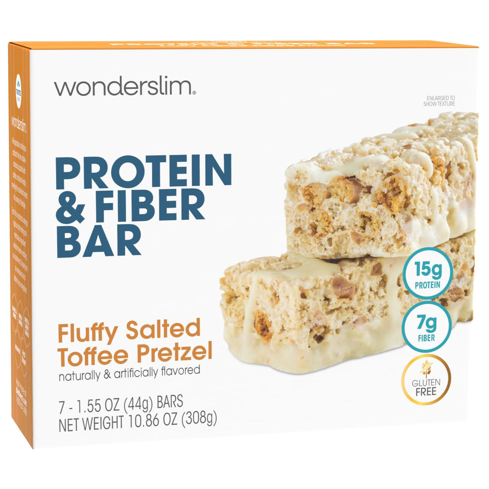 WonderSlim salted toffee pretzel bar packaging highlights gluten-free, high-protein snack on the go.