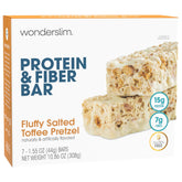 WonderSlim salted toffee pretzel bar packaging highlights gluten-free, high-protein snack on the go.