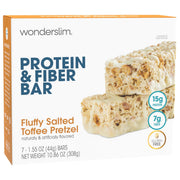 WonderSlim salted toffee pretzel bar packaging highlights gluten-free, high-protein snack on the go.