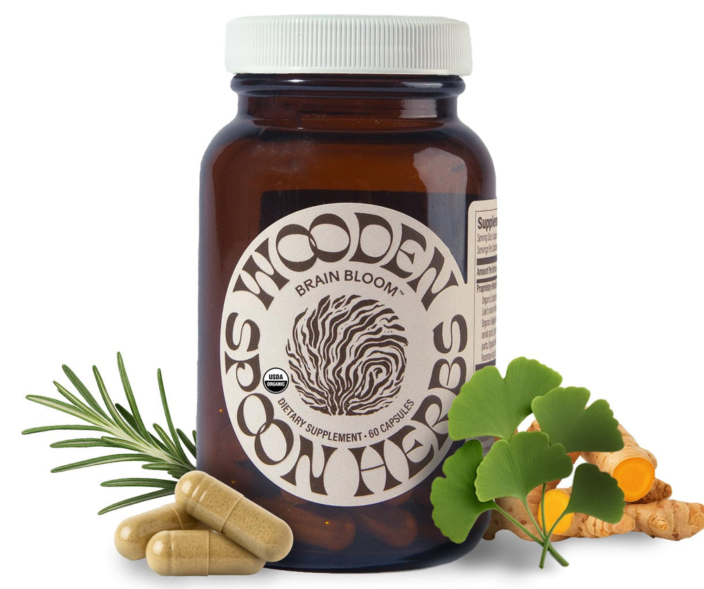 Wooden Spoon Herbs Brain Bloom bottle on a clean desk suggesting mental focus