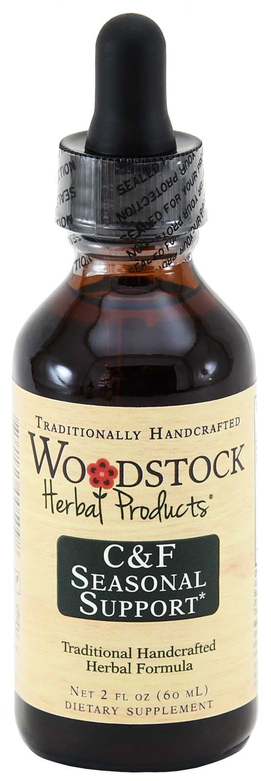 Woodstock C&F Seasonal Support bottle showing herbal formula for daily immune support.