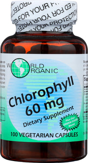 World Organic Chlorophyll 100 mg bottle on a clean counter, convenient daily supplement.