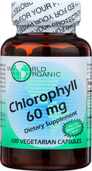 World Organic Chlorophyll 100 mg bottle on a clean counter, convenient daily supplement.