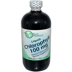 World Organic Chlorophyll 100mg bottle; natural, water-dispersible supplement for daily wellness.