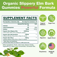 Wriayrui Slippery Elm Gummies bottle-back view highlighting vegan ingredients and sugar-free claim.