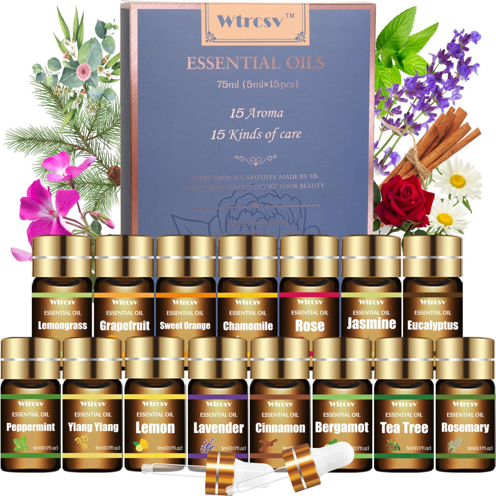 Wtrcsv essential oils set top 15 bottles for diffuser blends and DIY projects.