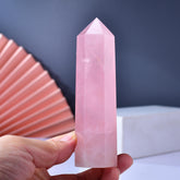 WUYOUSHI rose quartz wand front view for chakra balancing and meditation.
