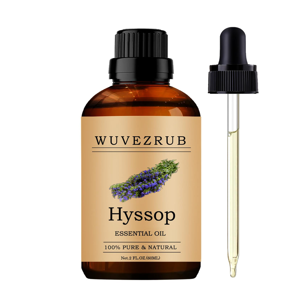 Wuvezrub Hyssop oil bottle closeup highlighting pure aroma for diffuser use.