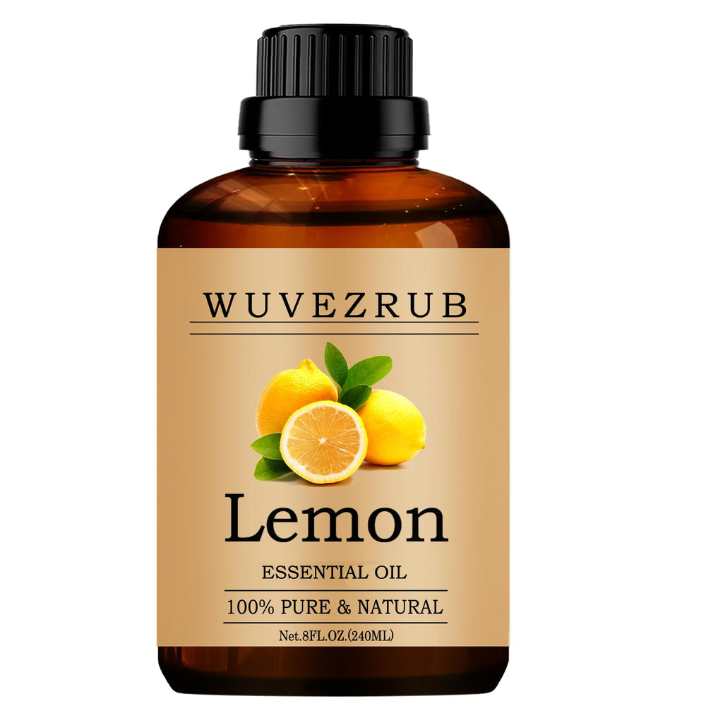 Wuvezrub Lemon essential oil bottle closeup for aromatherapy and mood lifting