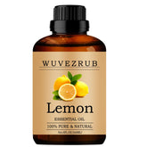 Wuvezrub Lemon essential oil bottle closeup for aromatherapy and mood lifting