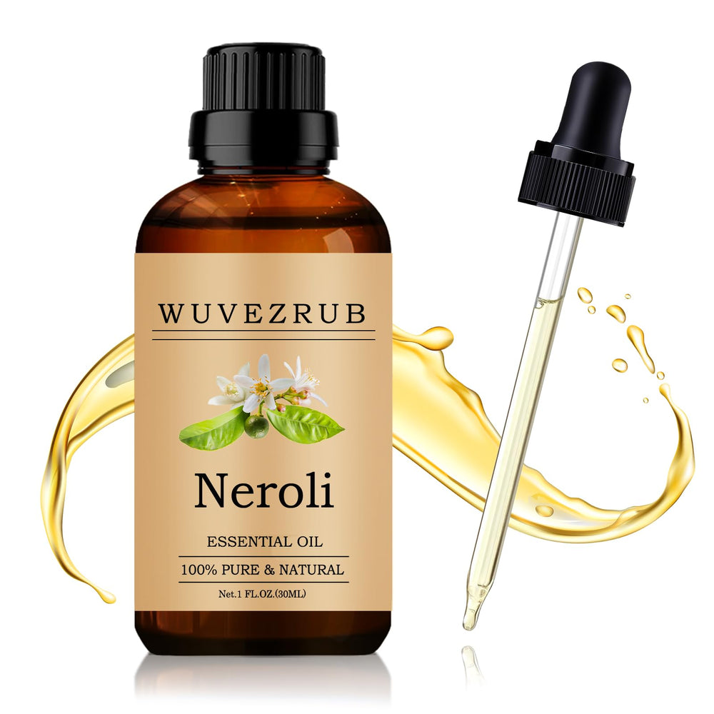 Wuvezrub Neroli oil bottle closeup for pure aroma and spa-like ambience